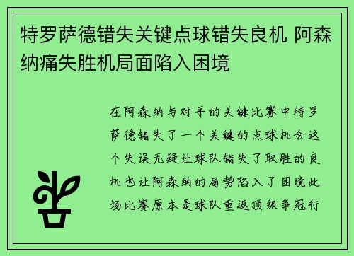 特罗萨德错失关键点球错失良机 阿森纳痛失胜机局面陷入困境 特罗萨德错失关键点球错失良机 阿森纳痛失胜机局面陷入困境